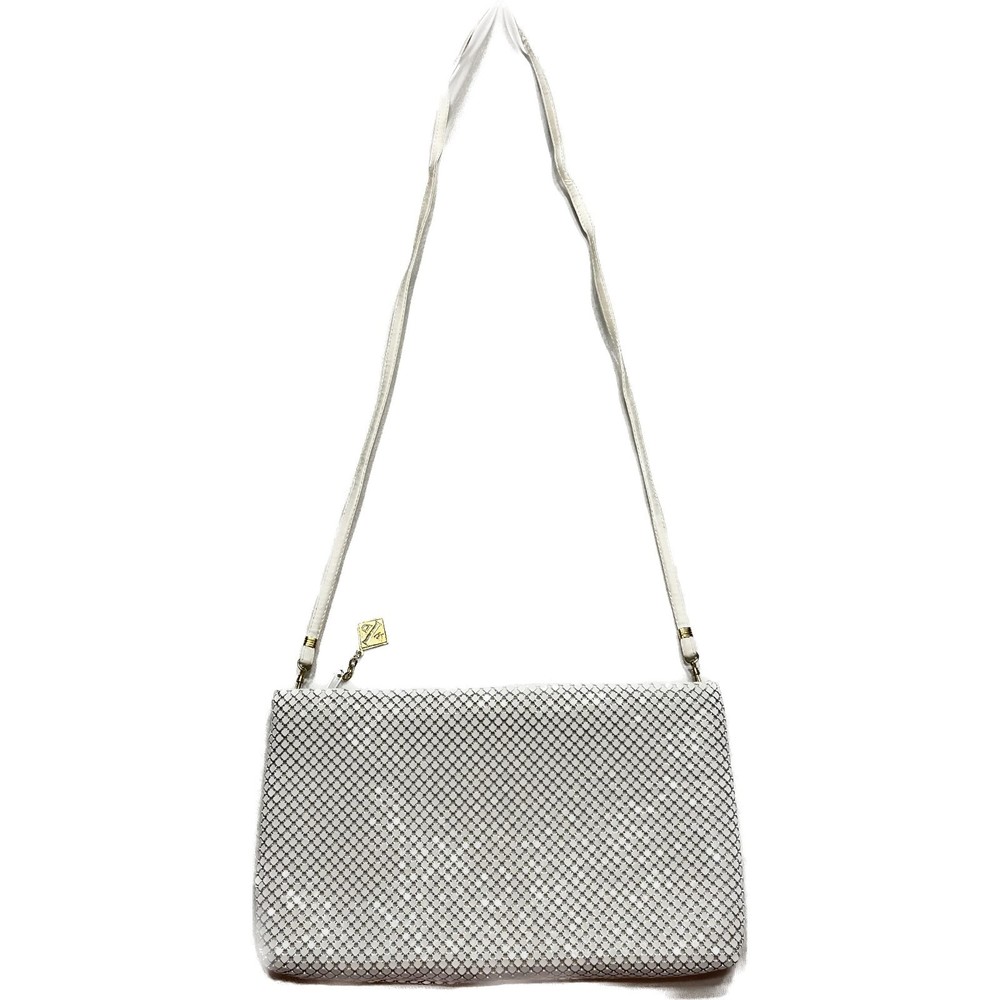 Whiting & Davis White Mesh Beaded Clutch Purse with Removable Crossbody Strap